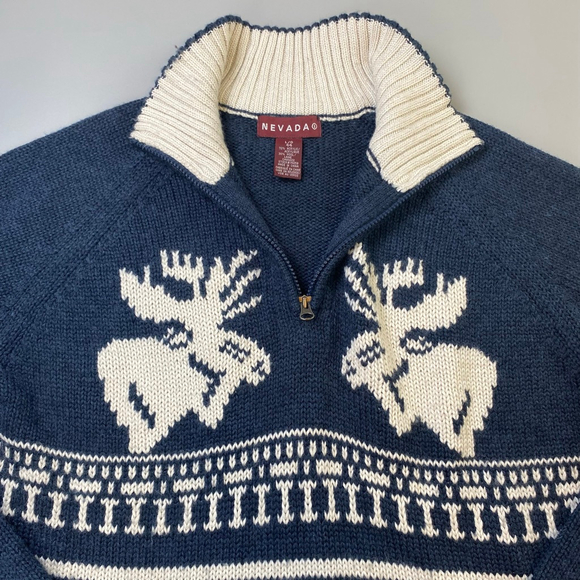 Fair Isle Sweater Blue Men’s Large Quarter Zip Canadiana Classic Outdoor Winter - Picture 7 of 12